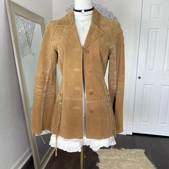 Wet Seal Jackets & Blazers - Vintage Tan Brown Suede Western Fringe Whipstitch Split Sleeve Leather Jacket M